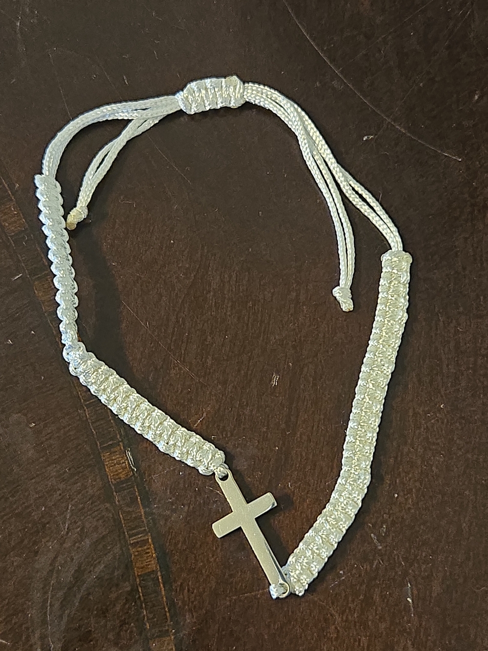 Silver Tone Cross Macramé Adjustable Bracelet - White